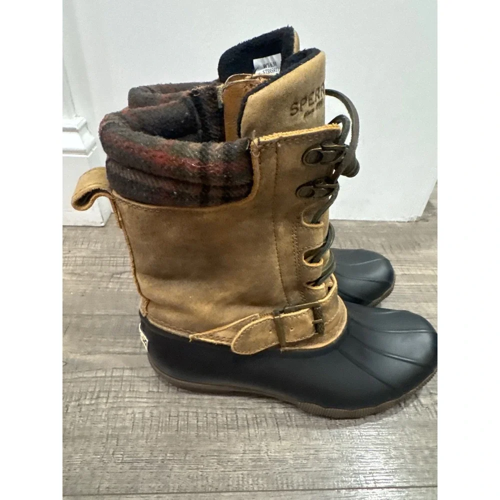 Sperry Saltwater Waterproof Duck Boots Brown Black Plaid STS95911 Womens 6.5M